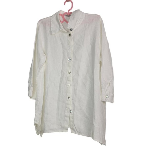 CUT LOOSE Lagenlook White Linen Blend Long Sleeve Tunic Top Button Up Large - Picture 1 of 7
